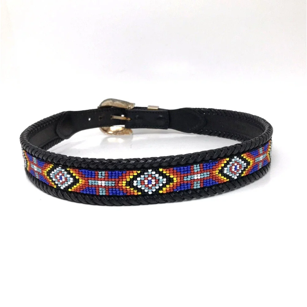 VTG LL Bean Southwestern Belt Size 28 Beaded Black Leather Braided 1991 Native
